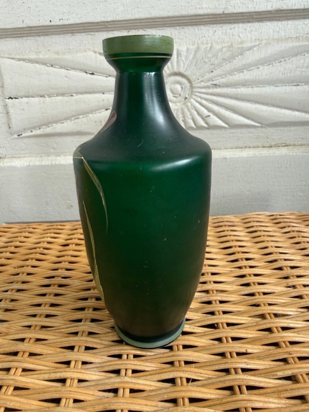 Antique 1910s Carl Goldberg Bohemian Art Nouveau Green Glass Vase Purple Flowers - Picture 2 of 10